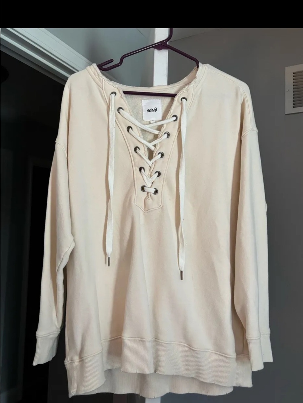 aerie Lace-Up Cream Hoodie Sweatshirt